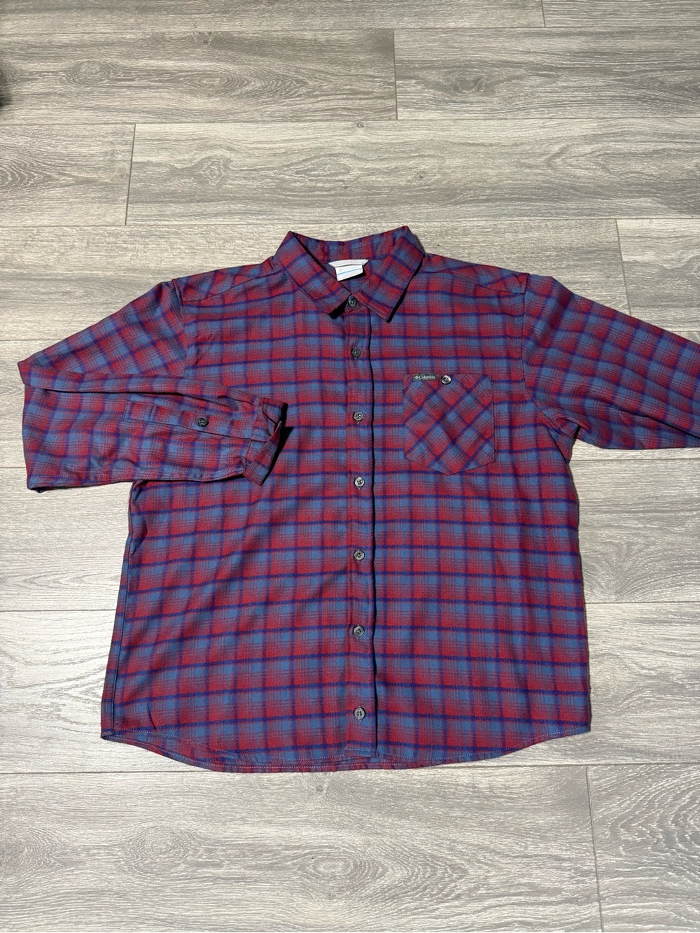 Columbia Men's Red and Blue Plaid Button-Down Shirt